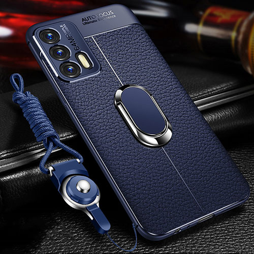 Soft Silicone Gel Leather Snap On Case Cover with Magnetic Finger Ring Stand for Realme Q3 Pro 5G Blue