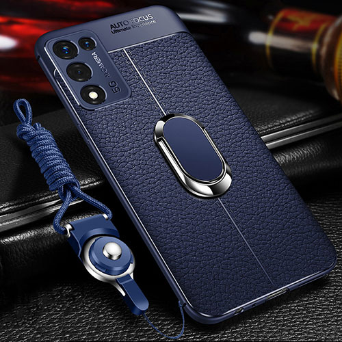 Soft Silicone Gel Leather Snap On Case Cover with Magnetic Finger Ring Stand for Realme Q3s 5G Blue