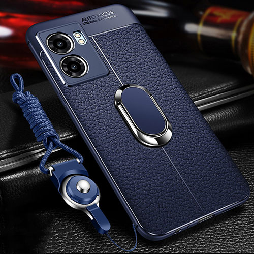 Soft Silicone Gel Leather Snap On Case Cover with Magnetic Finger Ring Stand for Realme Q5i 5G Blue