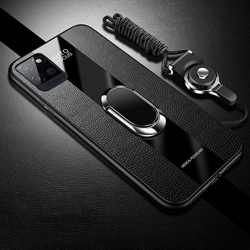 Soft Silicone Gel Leather Snap On Case Cover with Magnetic Finger Ring Stand for Realme V11 5G Black