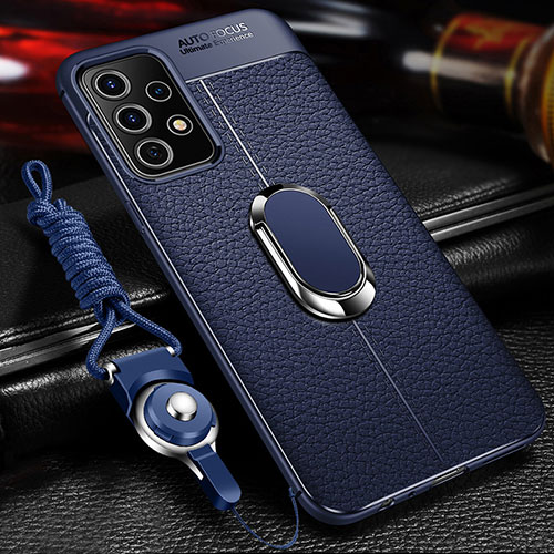 Soft Silicone Gel Leather Snap On Case Cover with Magnetic Finger Ring Stand for Samsung Galaxy A32 5G Blue