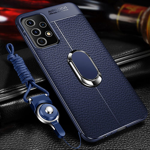 Soft Silicone Gel Leather Snap On Case Cover with Magnetic Finger Ring Stand for Samsung Galaxy A52 4G Blue