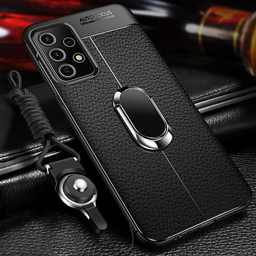 Soft Silicone Gel Leather Snap On Case Cover with Magnetic Finger Ring Stand for Samsung Galaxy A52 5G Black