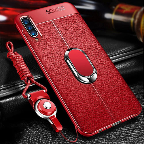 Soft Silicone Gel Leather Snap On Case Cover with Magnetic Finger Ring Stand for Samsung Galaxy A70S Red