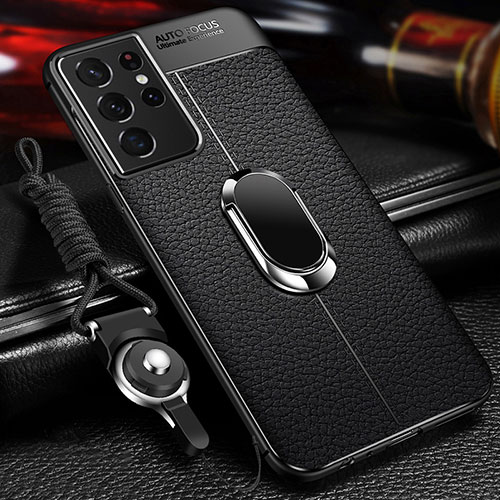 Soft Silicone Gel Leather Snap On Case Cover with Magnetic Finger Ring Stand for Samsung Galaxy S21 Ultra 5G Black