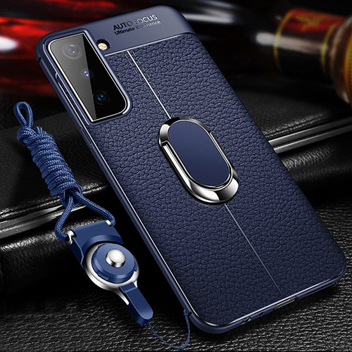 Soft Silicone Gel Leather Snap On Case Cover with Magnetic Finger Ring Stand for Samsung Galaxy S22 5G Blue