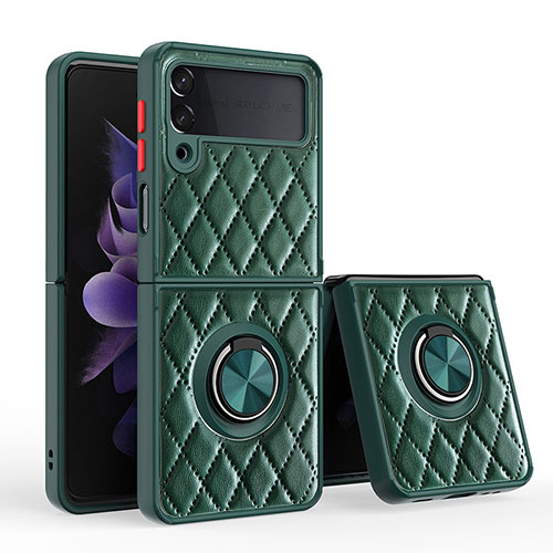 Soft Silicone Gel Leather Snap On Case Cover with Magnetic Finger Ring Stand for Samsung Galaxy Z Flip3 5G Green