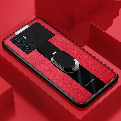 Soft Silicone Gel Leather Snap On Case Cover with Magnetic Finger Ring Stand for Vivo iQOO 9 Pro 5G Red