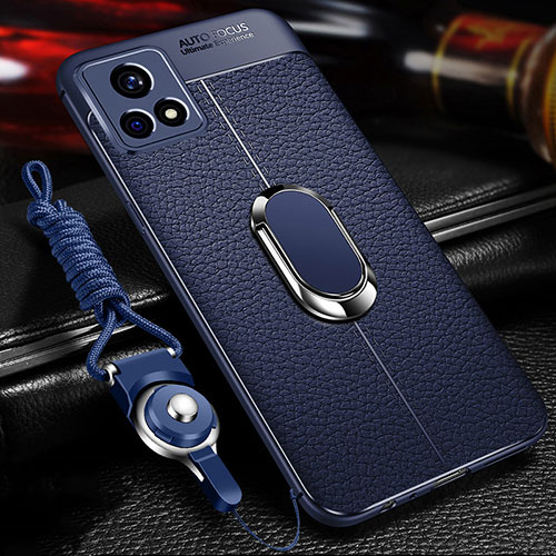 Soft Silicone Gel Leather Snap On Case Cover with Magnetic Finger Ring Stand for Vivo iQOO U3 5G Blue