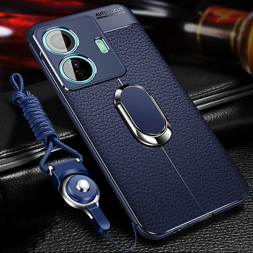 Soft Silicone Gel Leather Snap On Case Cover with Magnetic Finger Ring Stand for Vivo T1 5G Blue