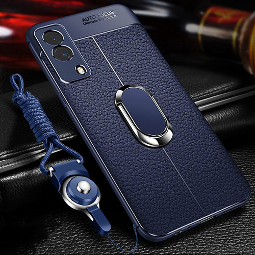 Soft Silicone Gel Leather Snap On Case Cover with Magnetic Finger Ring Stand for Vivo T1x 5G Blue