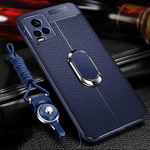 Soft Silicone Gel Leather Snap On Case Cover with Magnetic Finger Ring Stand for Vivo V21 5G Blue