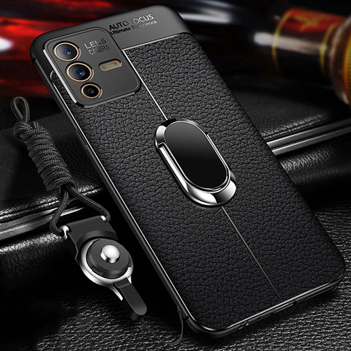 Soft Silicone Gel Leather Snap On Case Cover with Magnetic Finger Ring Stand for Vivo V23 Pro 5G Black