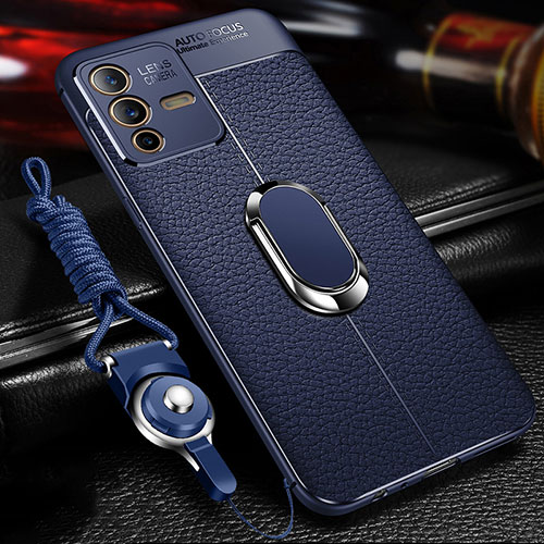 Soft Silicone Gel Leather Snap On Case Cover with Magnetic Finger Ring Stand for Vivo V23 Pro 5G Blue