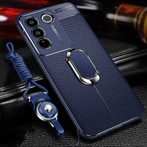 Soft Silicone Gel Leather Snap On Case Cover with Magnetic Finger Ring Stand for Vivo V27 Pro 5G Blue