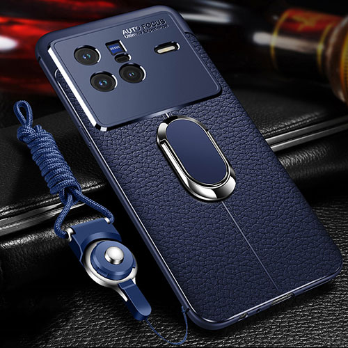 Soft Silicone Gel Leather Snap On Case Cover with Magnetic Finger Ring Stand for Vivo X80 5G Blue