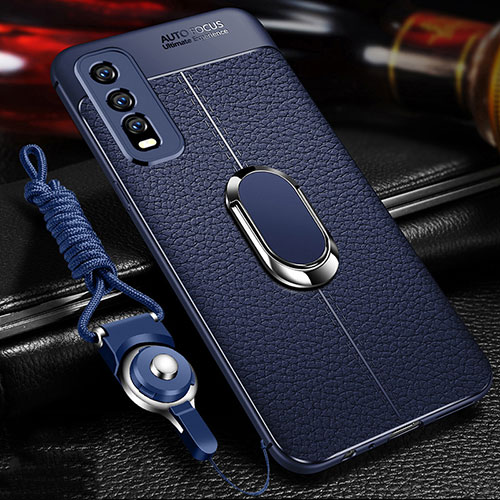 Soft Silicone Gel Leather Snap On Case Cover with Magnetic Finger Ring Stand for Vivo Y20s Blue