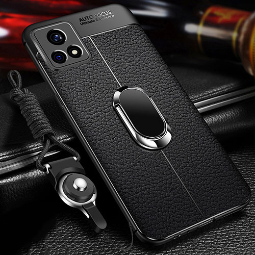 Soft Silicone Gel Leather Snap On Case Cover with Magnetic Finger Ring Stand for Vivo Y31s 5G Black