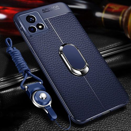 Soft Silicone Gel Leather Snap On Case Cover with Magnetic Finger Ring Stand for Vivo Y31s 5G Blue