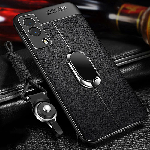 Soft Silicone Gel Leather Snap On Case Cover with Magnetic Finger Ring Stand for Vivo Y53s 5G Black