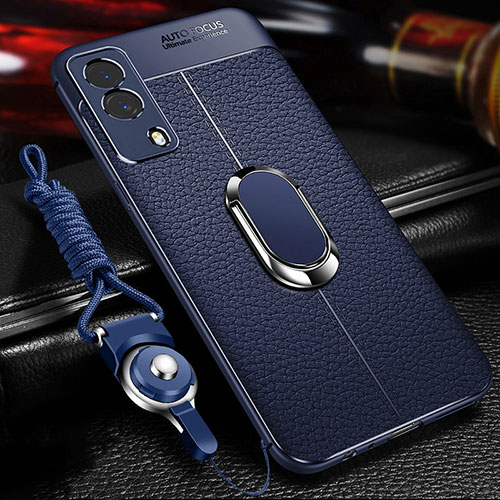 Soft Silicone Gel Leather Snap On Case Cover with Magnetic Finger Ring Stand for Vivo Y53s t2 Blue