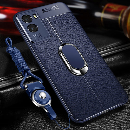 Soft Silicone Gel Leather Snap On Case Cover with Magnetic Finger Ring Stand for Vivo Y72t Blue