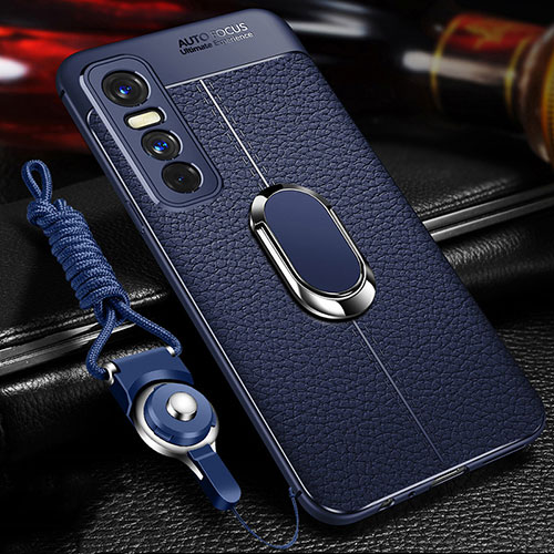 Soft Silicone Gel Leather Snap On Case Cover with Magnetic Finger Ring Stand for Vivo Y73s 5G Blue