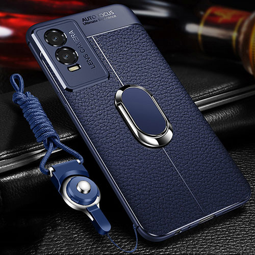 Soft Silicone Gel Leather Snap On Case Cover with Magnetic Finger Ring Stand for Vivo Y74s 5G Blue