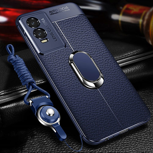 Soft Silicone Gel Leather Snap On Case Cover with Magnetic Finger Ring Stand for Vivo Y76s 5G Blue
