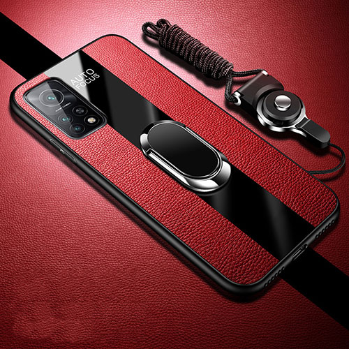 Soft Silicone Gel Leather Snap On Case Cover with Magnetic Finger Ring Stand for Xiaomi Mi 10T Pro 5G Red