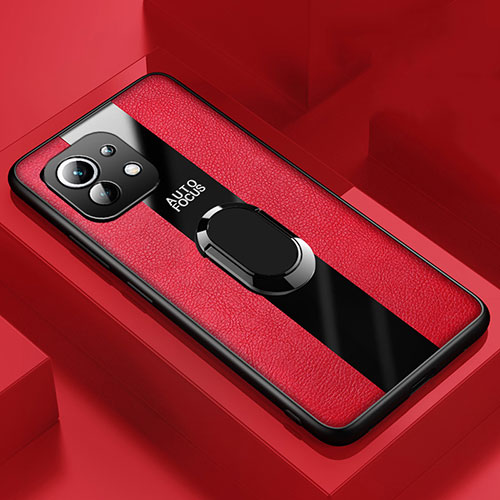 Soft Silicone Gel Leather Snap On Case Cover with Magnetic Finger Ring Stand for Xiaomi Mi 11 Lite 5G NE Red