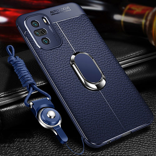 Soft Silicone Gel Leather Snap On Case Cover with Magnetic Finger Ring Stand for Xiaomi Mi 11X Pro 5G Blue