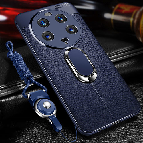 Soft Silicone Gel Leather Snap On Case Cover with Magnetic Finger Ring Stand for Xiaomi Mi 13 Ultra 5G Blue