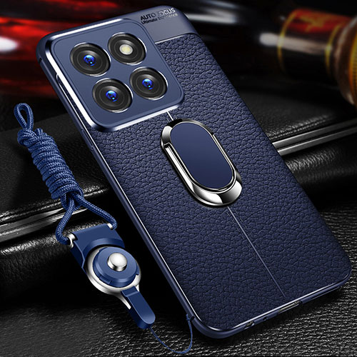 Soft Silicone Gel Leather Snap On Case Cover with Magnetic Finger Ring Stand for Xiaomi Mi 14 5G Blue