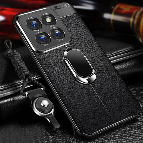 Soft Silicone Gel Leather Snap On Case Cover with Magnetic Finger Ring Stand for Xiaomi Mi 14 Pro 5G Black