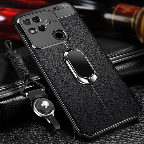 Soft Silicone Gel Leather Snap On Case Cover with Magnetic Finger Ring Stand for Xiaomi POCO C31 Black