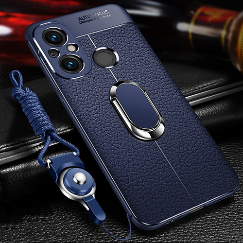 Soft Silicone Gel Leather Snap On Case Cover with Magnetic Finger Ring Stand for Xiaomi Poco C55 Blue