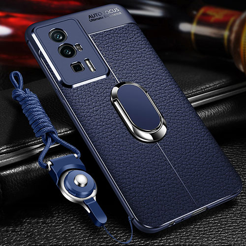 Soft Silicone Gel Leather Snap On Case Cover with Magnetic Finger Ring Stand for Xiaomi Poco F5 Pro 5G Blue