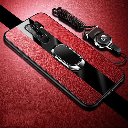 Soft Silicone Gel Leather Snap On Case Cover with Magnetic Finger Ring Stand for Xiaomi Poco M2 Red