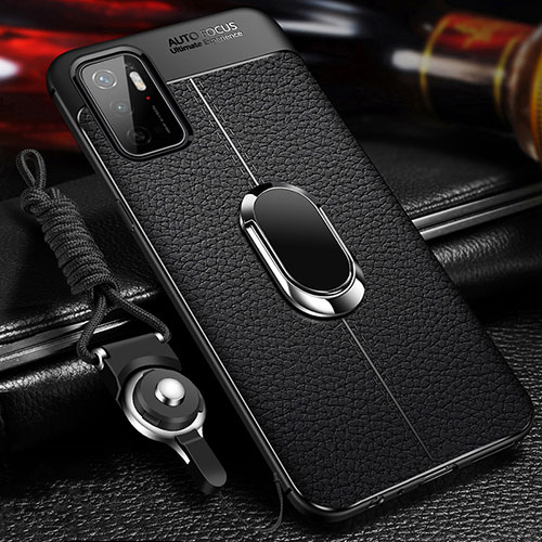 Soft Silicone Gel Leather Snap On Case Cover with Magnetic Finger Ring Stand for Xiaomi POCO M3 Pro 5G Black