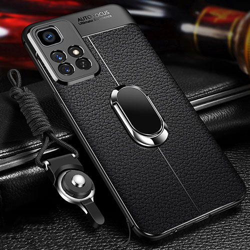 Soft Silicone Gel Leather Snap On Case Cover with Magnetic Finger Ring Stand for Xiaomi Redmi 10 4G Black