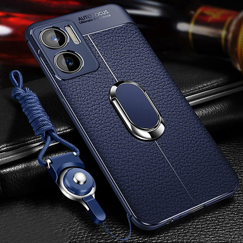 Soft Silicone Gel Leather Snap On Case Cover with Magnetic Finger Ring Stand for Xiaomi Redmi 10 5G Blue