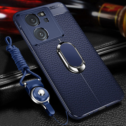 Soft Silicone Gel Leather Snap On Case Cover with Magnetic Finger Ring Stand for Xiaomi Redmi K60 Ultra 5G Blue