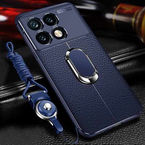 Soft Silicone Gel Leather Snap On Case Cover with Magnetic Finger Ring Stand for Xiaomi Redmi K70 Pro 5G Blue