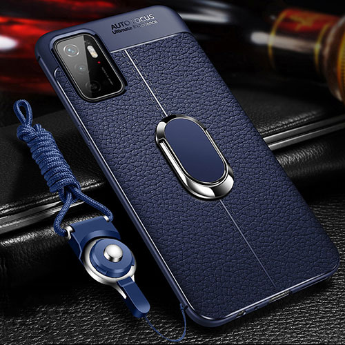 Soft Silicone Gel Leather Snap On Case Cover with Magnetic Finger Ring Stand for Xiaomi Redmi Note 10T 5G Blue