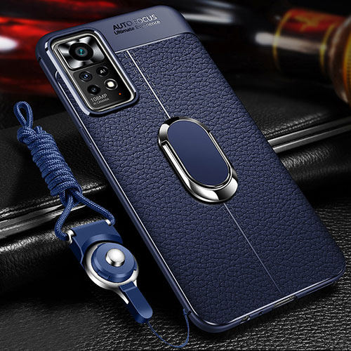 Soft Silicone Gel Leather Snap On Case Cover with Magnetic Finger Ring Stand for Xiaomi Redmi Note 11E Pro 5G Blue