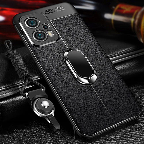 Soft Silicone Gel Leather Snap On Case Cover with Magnetic Finger Ring Stand for Xiaomi Redmi Note 11T Pro+ Plus 5G Black