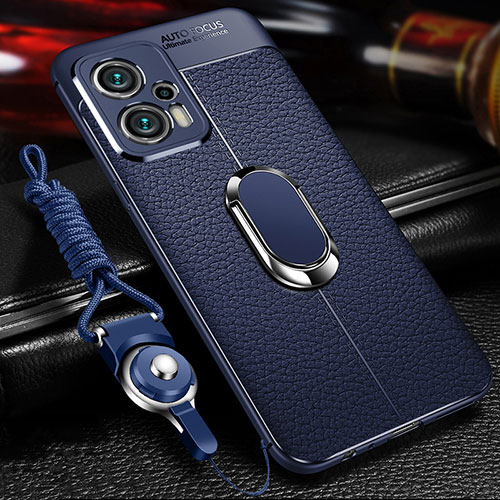 Soft Silicone Gel Leather Snap On Case Cover with Magnetic Finger Ring Stand for Xiaomi Redmi Note 11T Pro+ Plus 5G Blue