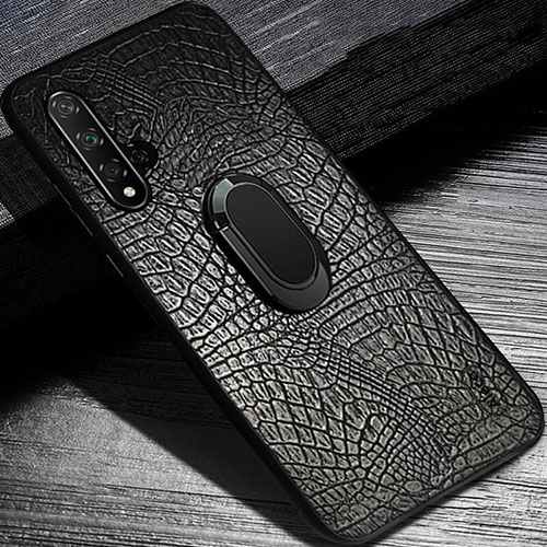 Soft Silicone Gel Leather Snap On Case Cover with Magnetic Finger Ring Stand K02 for Huawei Honor 20S Black