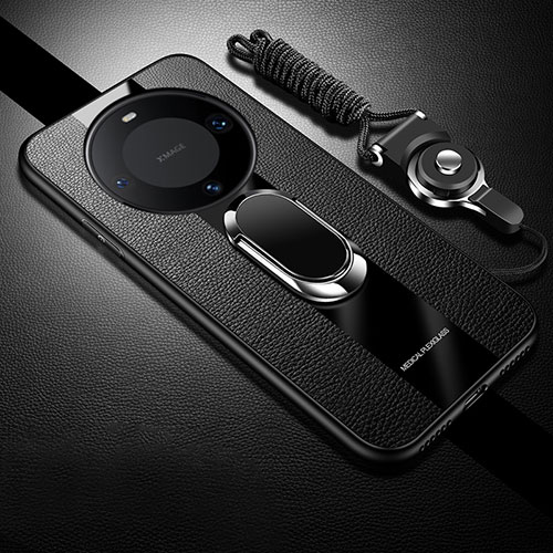 Soft Silicone Gel Leather Snap On Case Cover with Magnetic Finger Ring Stand PB1 for Huawei Mate 60 Pro+ Plus Black